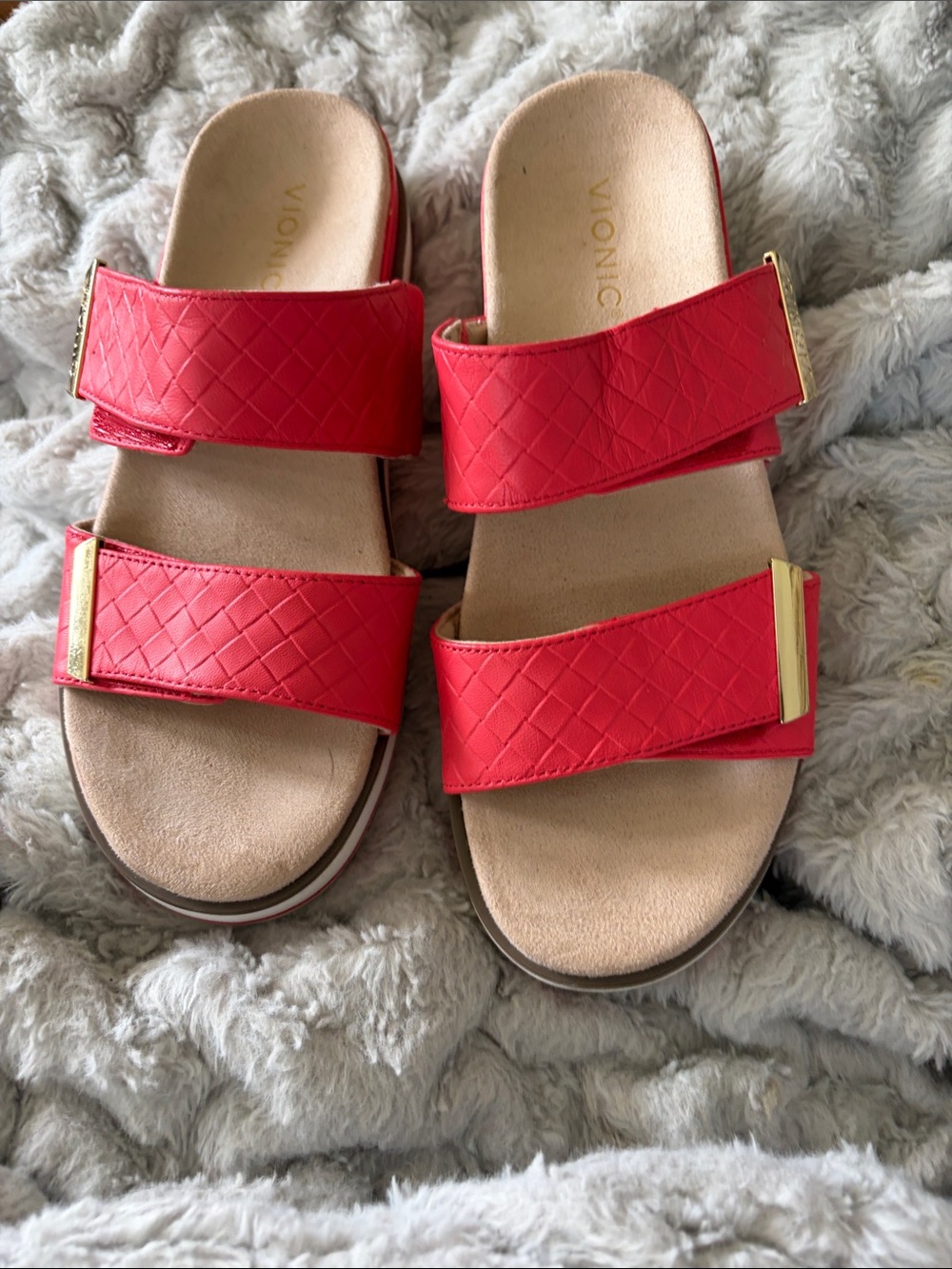 Vionic Red/coral  Quilted Double-Strap Slide Sandals